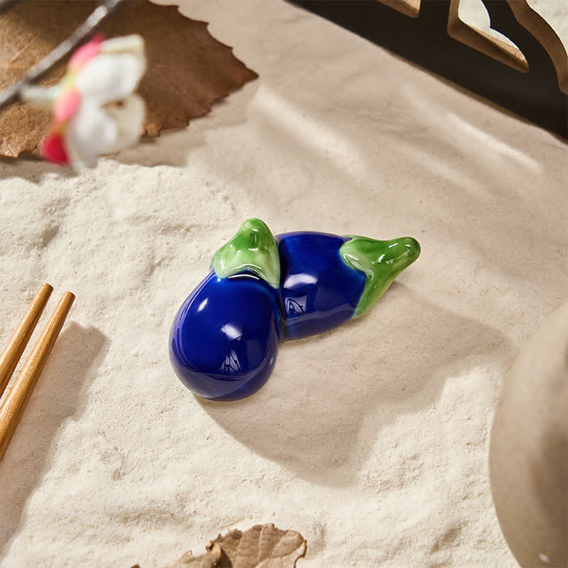 Buddha Stones Ceramic Vegetable Design Mini Tabletop Chopstick Holder - Double Eggplant - Ceramic - image 9