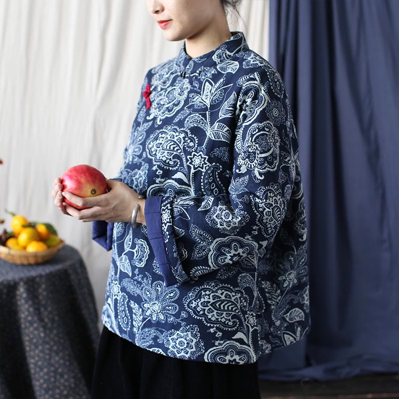 Buddha Stones Flowers Cotton Linen Jacket Shirt Chinese Northeast Style Winter Clothing