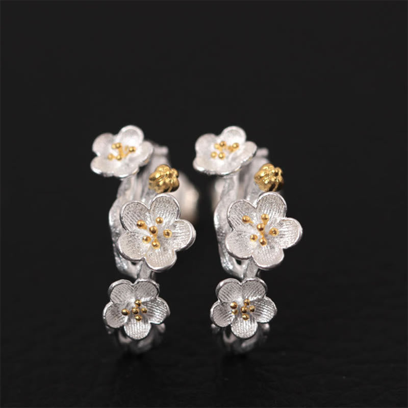 Buddha Stones 925 Sterling Silver Plum Blossom Floral Blessing Earrings - 925 Sterling Silver Plum Blossom - image 0
