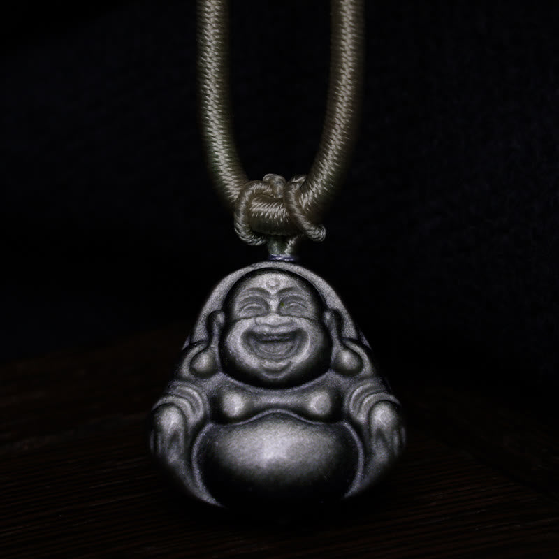 Buddha Stones Natural Silver Sheen Obsidian Laughing Buddha Protection Necklace Pendant - image 4