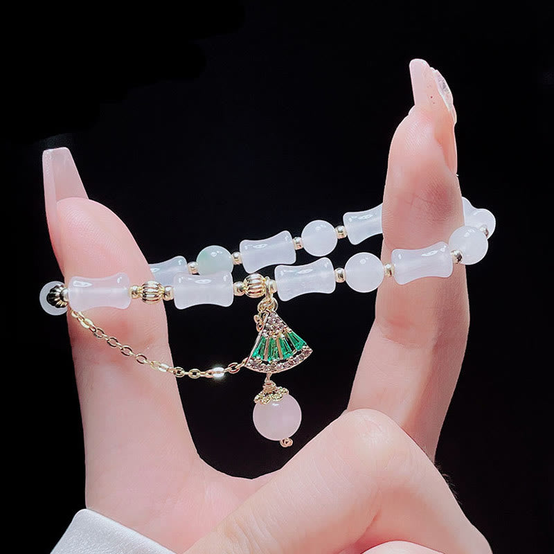 Buddha Stones Tianshan White Jade Bamboo Pattern Luck Blessing Bracelet