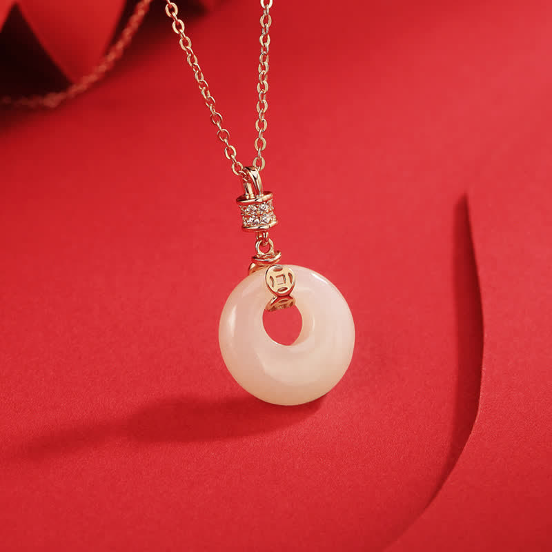925 Sterling Silver Hetian White Jade Coin Flower Peace Buckle Luck Necklace Pendant - image 1