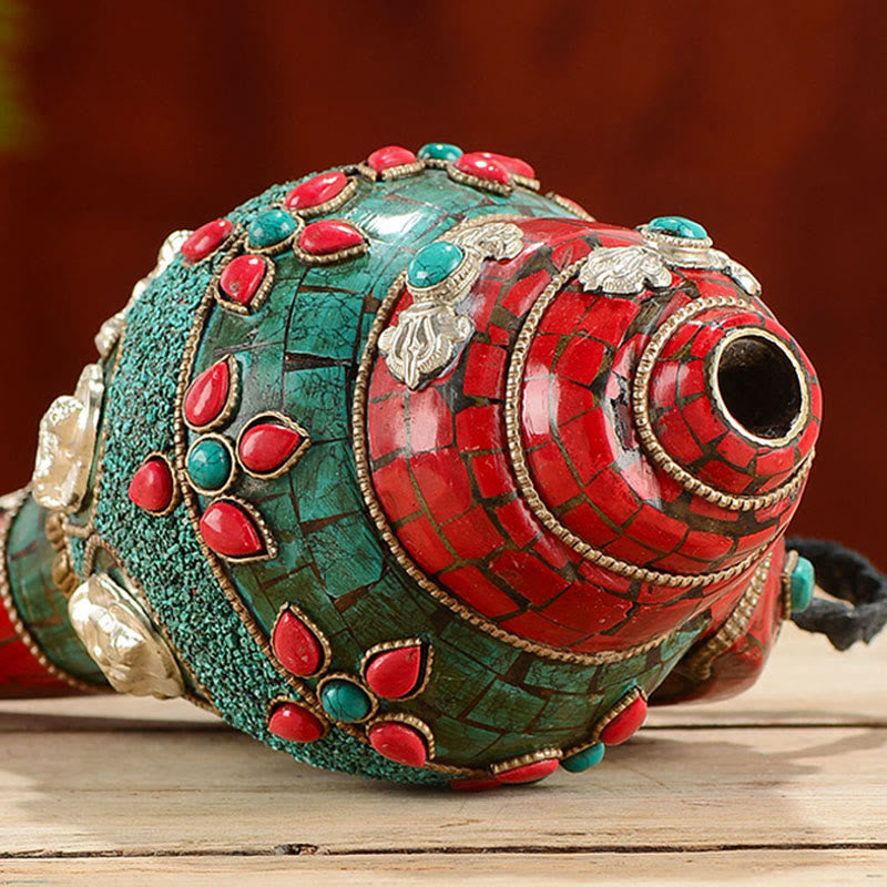 Tibetan Handmade Shankha Om Mani Padme Hum Buddha Avalokitesvara Turquoise Conch Shell Positive Decoration - image 4