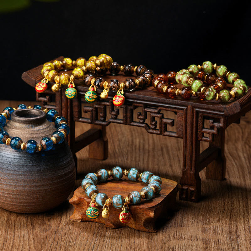 Buddha Stones Gold Swallowing Beast Family Charm Liuli Glass Bead Fortune Bracelet - image 1