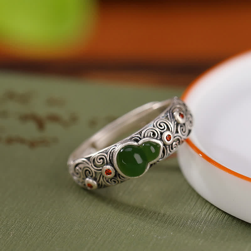 925 Sterling Silver Red Agate Cyan Jade Gourd Blessing Auspicious Ring - image 6