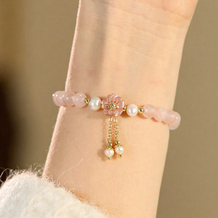 Buddha Stones Rose Quartz Pearl Flower Charm Love Bracelet - Rose Quartz Blossom (Wrist Circumference: 5.5–5.9 in/14–15 cm) - image 0