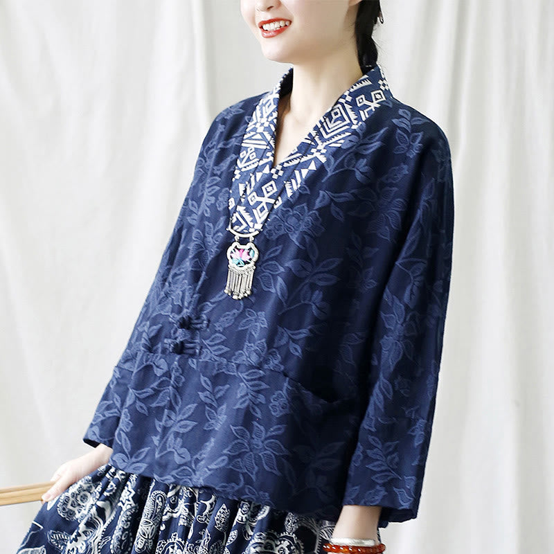 Buddha Stones Flower Jacquard V-Neck Long Sleeve Jacket