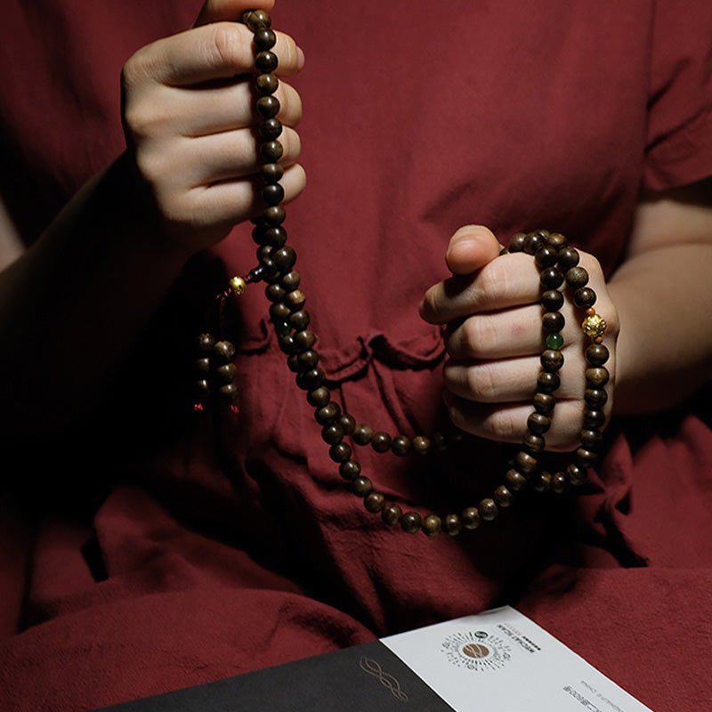 Buddha Stones 999 Gold 108 Mala Beads Kalimantan Agarwood Cyan Jade Six True Words Strength Bracelet