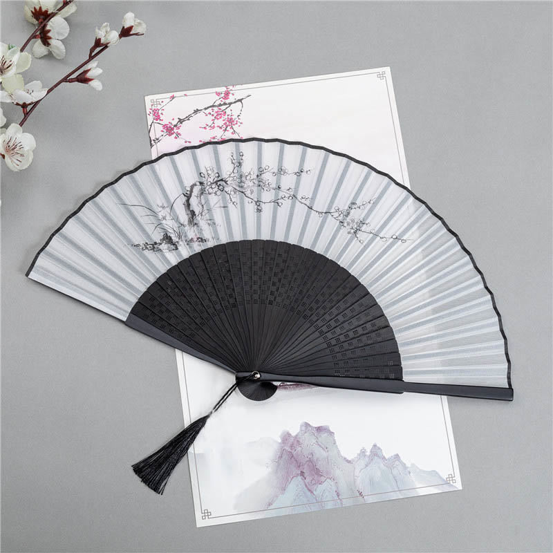 Buddha Stones Mountains Plum Blossom Lotus Magpie Bamboo Leaves Handheld Silk Bamboo Folding Fan 22.5cm