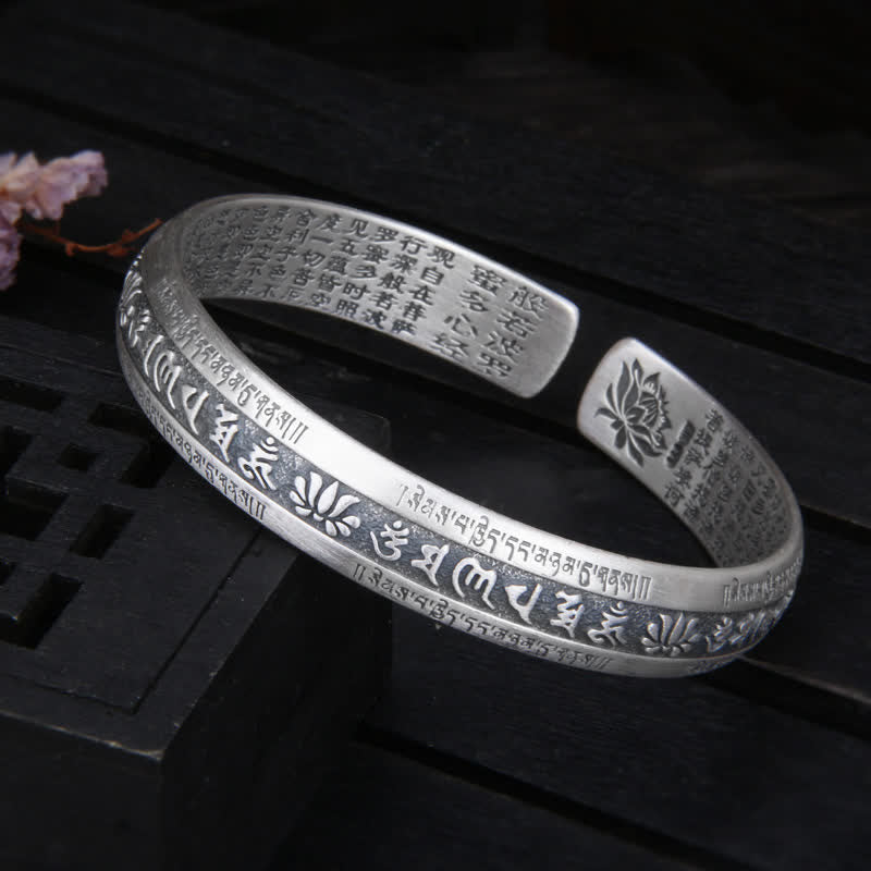999 Sterling Silver Om Mani Padme Hum Heart Sutra Lotus Peace Bracelet Bangle - 39.19g - image 0