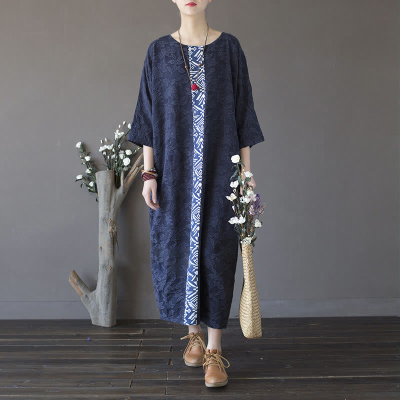 Buddha Stones Blue Flowers Embroidery Jacquard Midi Dress Three Quarter Sleeve Cotton Dress With Pockets