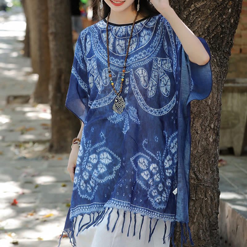 Buddha Stones Blue Butterfly Indigo Dyeing Shawl Tassels Cozy Travel Pullover 90*95cm