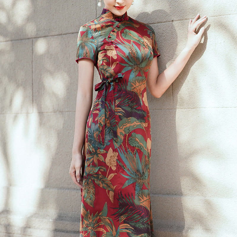 Buddha Stones Silk Qipao Dress Retro Flower Leaf Pattern Women's Cheongsam Dress - Red Green - US16，UK/AU20，EU48 (5XL) - image 0