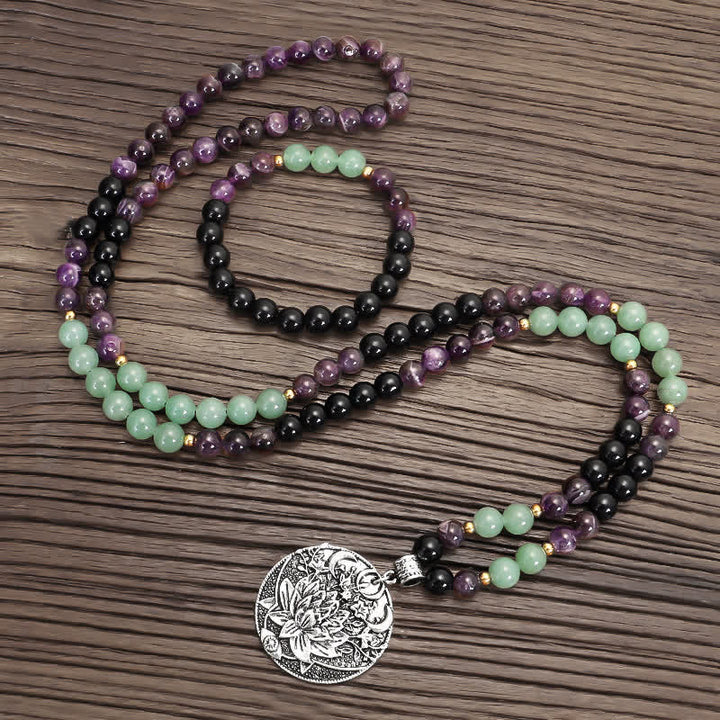 Buddha Stones 108 Mala Beads Amethyst Green Aventurine Lotus Meditation Bracelet - image 2