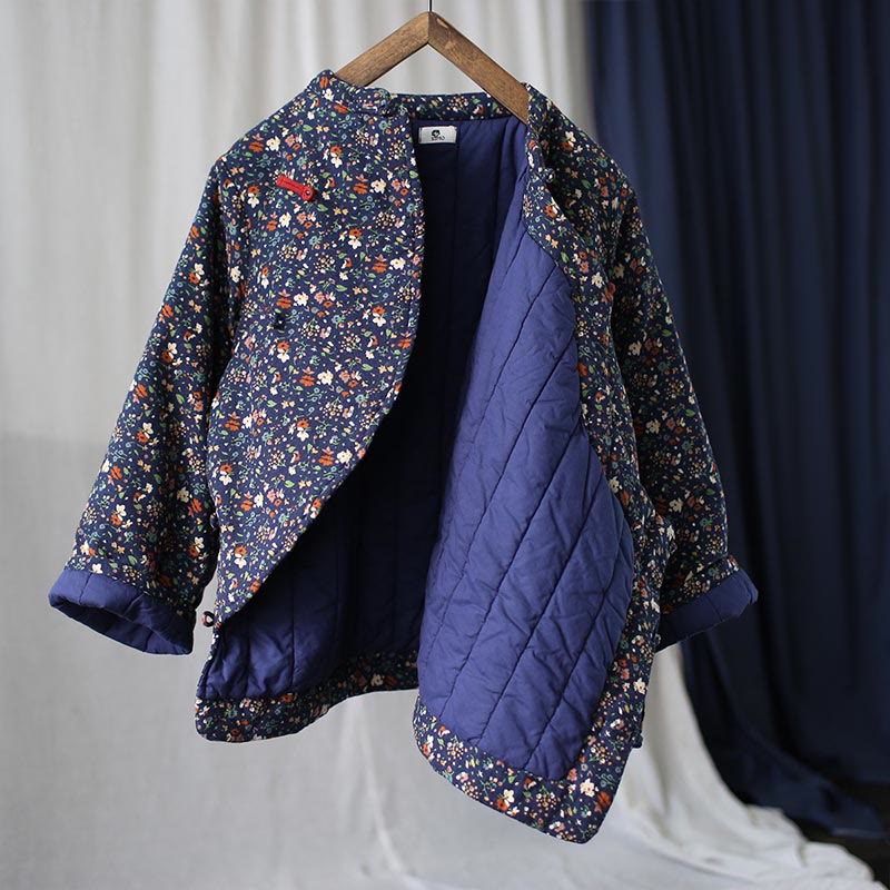 Buddha Stones Flowers Cotton Linen Jacket Shirt Chinese Northeast Style Winter Clothing