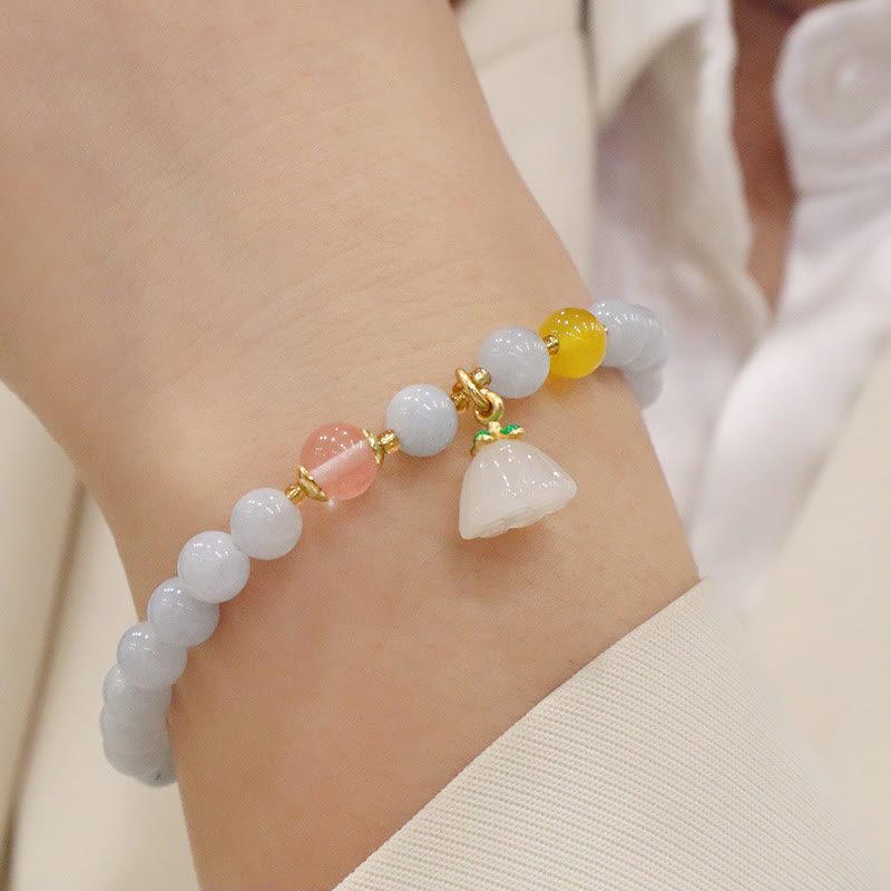 Buddha Stones Natural Aquamarine Chalcedony Serenity Rabbit Gourd Cat Charm Bracelet - Aquamarine Chalcedony Lotus Pod - image 8