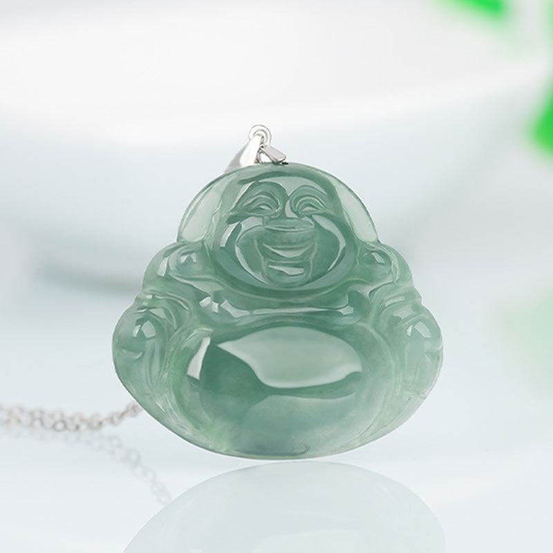Buddha Stones 925 Sterling Silver Laughing Buddha Jade Protection Calm Necklace Chain Pendant - image 2
