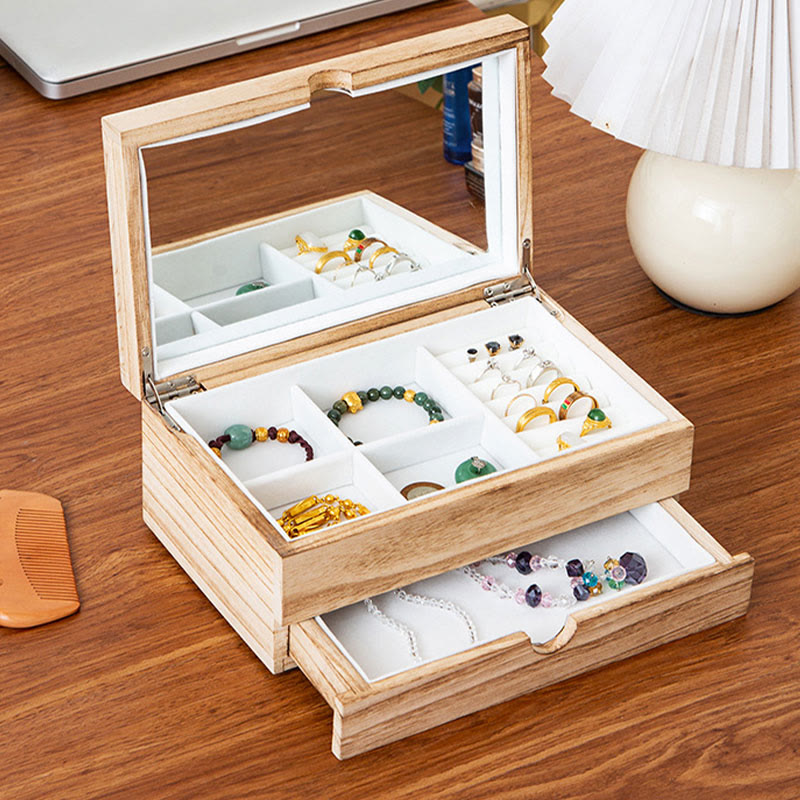 Buddha Stones Retro Beige Wooden Jewelry Box Two-Layer Jewelry Storage Box With Mirror - 24.5*15.5*10.5cm - image 0