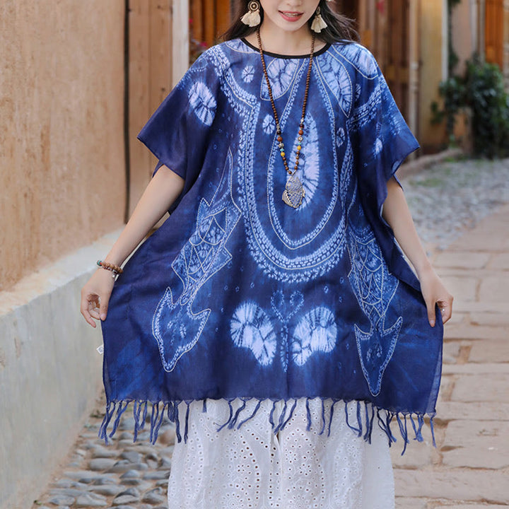 Buddha Stones Blue Geometry Batik Shawl Tassels Cozy Travel Pullover 90*95cm