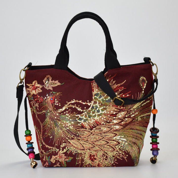 Buddha Stones Peacock Double-sided Embroidery Tote Bag Shoulder Bag Crossbody Bag - Wine Red Peacock - Shoulder Bag/Tote Bag - image 16