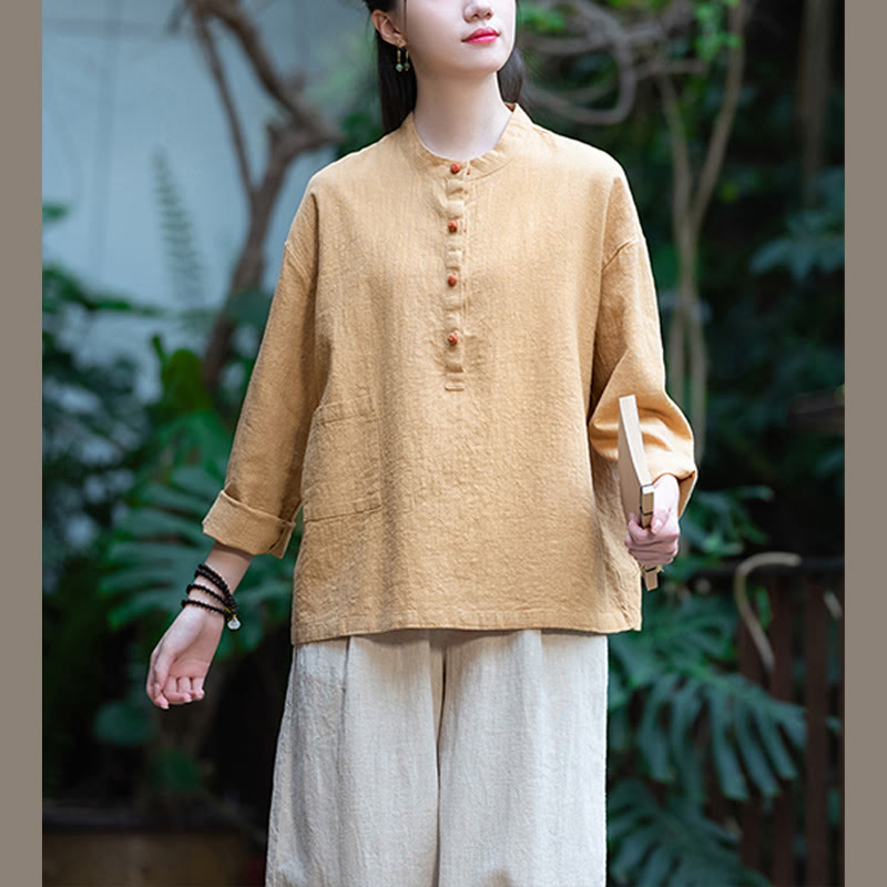 Buddha Stones Solid Color Loose Button Blouse Long Sleeve Shirt Top