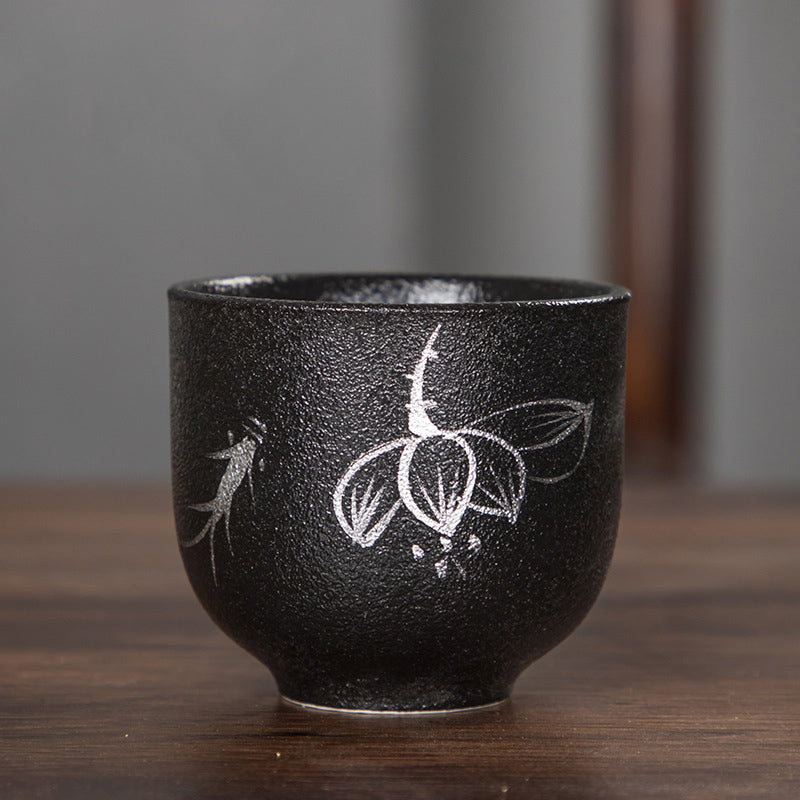 Buddha Stones Hand Painted Lotus Flower Bamboo Chrysanthemum Black Pottery Ceramic Teacup Kung Fu Tea Cup 95ml