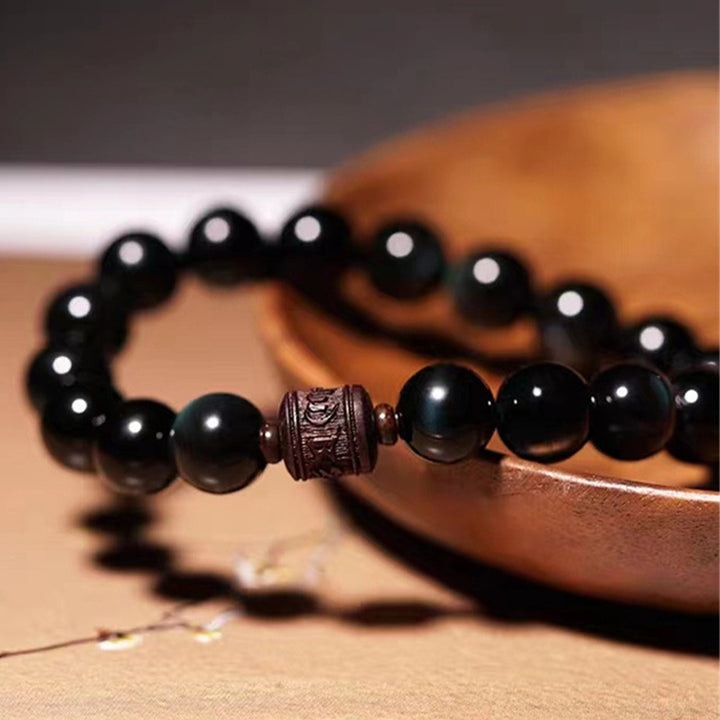 Buddha Stones Natural Gold Sheen Obsidian Rainbow Obsidian Om Mani Padme Hum Fu Character Healing Bracelet