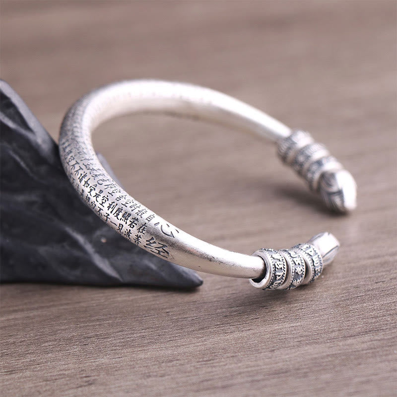 Buddha Stones 999 Sterling Silver Heart Sutra Om Mani Padme Hum Engraved Peace Purity Bracelet Bangle - image 5