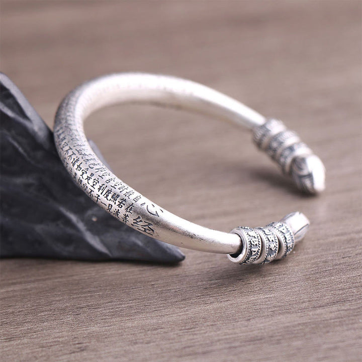 Buddha Stones 999 Sterling Silver Heart Sutra Om Mani Padme Hum Engraved Peace Purity Bracelet Bangle - image 5