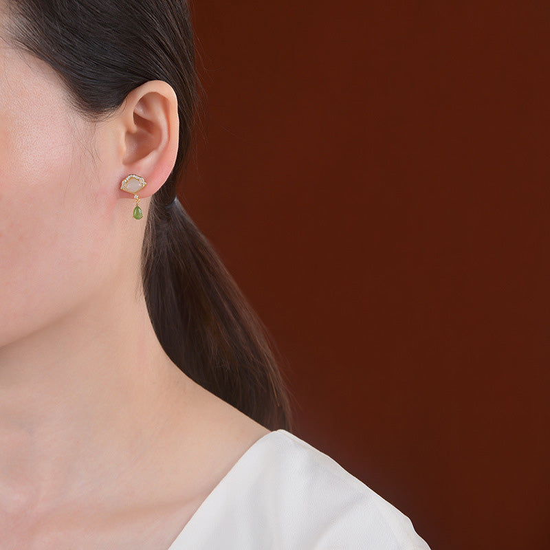 Buddha Stones White Jade Cyan Jade Fan Water Drop Pattern Luck Drop Earrings - image 2