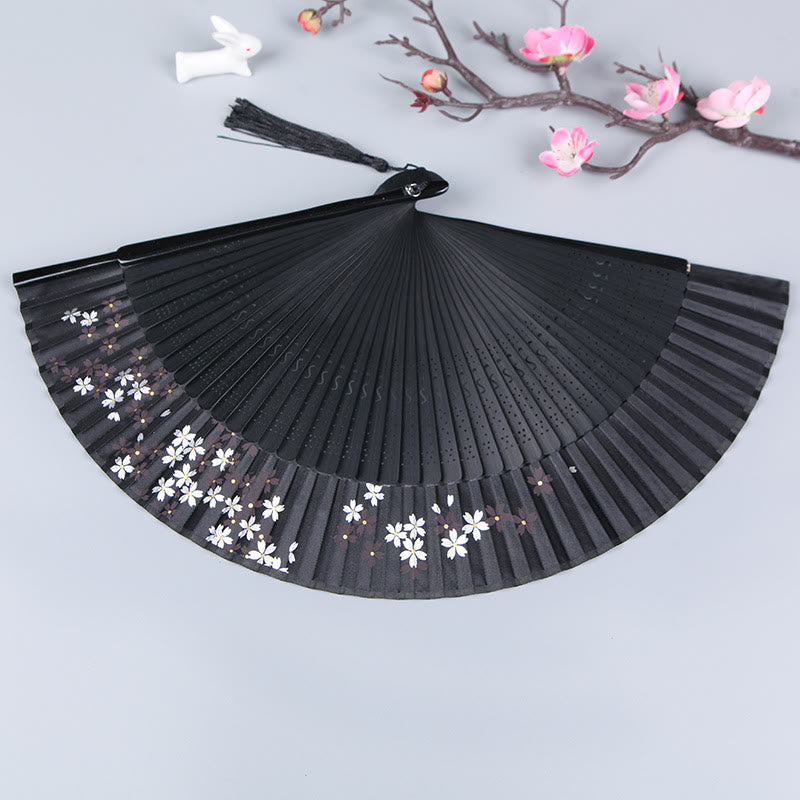 Buddha Stones Cherry Blossom Sakura Camellia Handheld Silk Bamboo Folding Fan 21cm