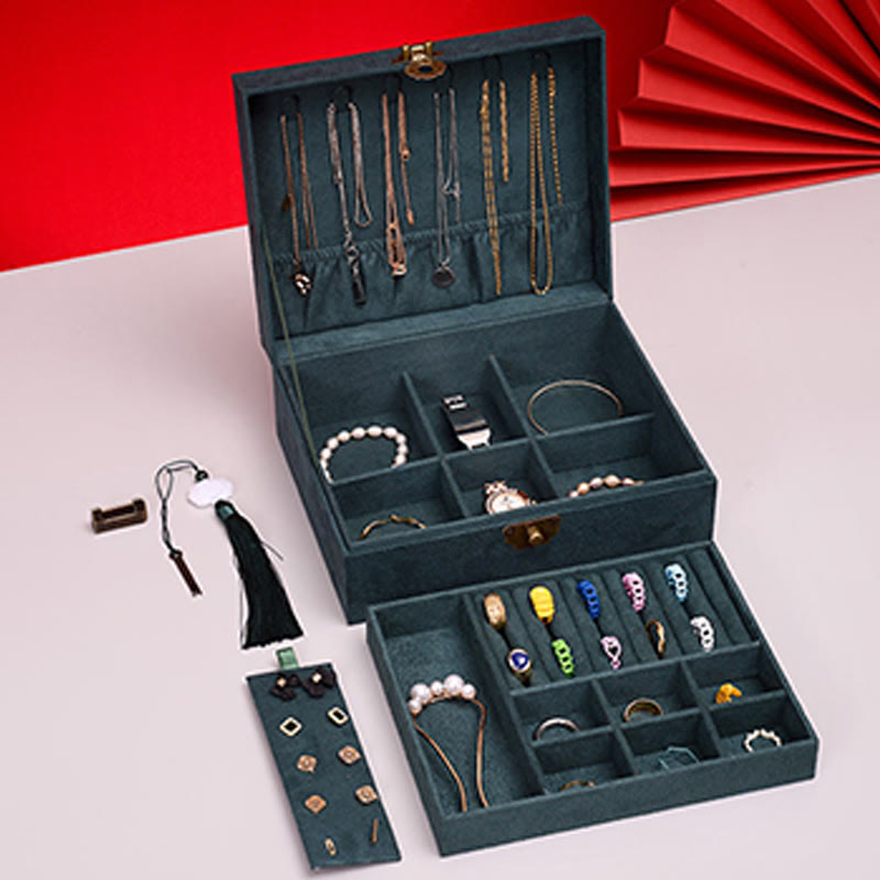 Buddha Stones Simple Design Jewelry Box Organizer Two-Layer Jewelry Storage Box Flannel Box With Lock - image 8