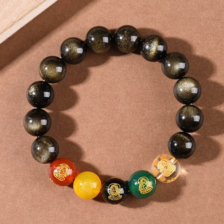 Buddha Stones Gold Sheen Obsidian Rainbow Obsidian Black Obsidian Five Directions Gods of Wealth Bracelet