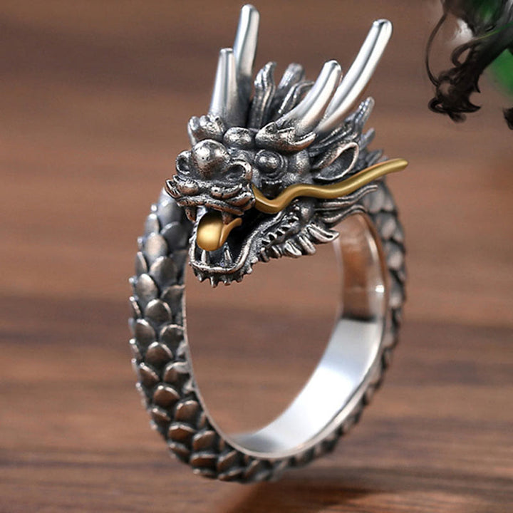 Buddha Stones 925 Sterling Silver Vintage Dragon Design Protection Strength Adjustable Ring - image 8