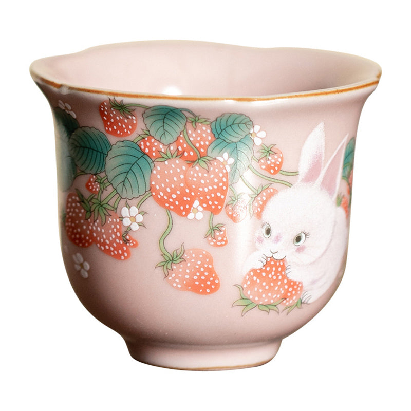 Buddha Stones Cute Strawberry Rabbit Flower Ceramic Teacup Kung Fu Tea Cup 55ml