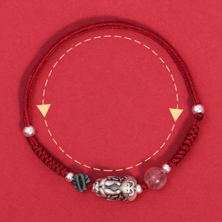 Buddha Stones 999 Sterling Silver PiXiu Strawberry Quartz Bead Wealth Luck Braided Bracelet - image 5