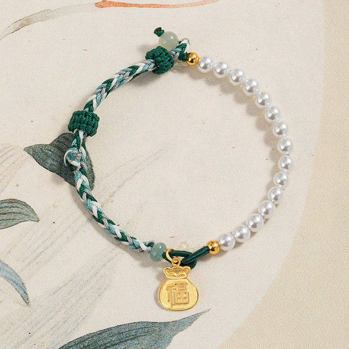 Buddha Stones 925 Sterling Silver Fu Character Lucky Bag Pearl Hetian Jade Wisdom Rope Bracelet