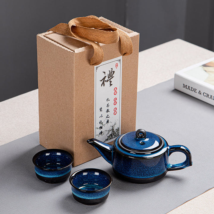 Buddha Stones Blue Gradient Color Chinese Gongfu Tea Ceramic Teapot Portable Gift Bag Box Set