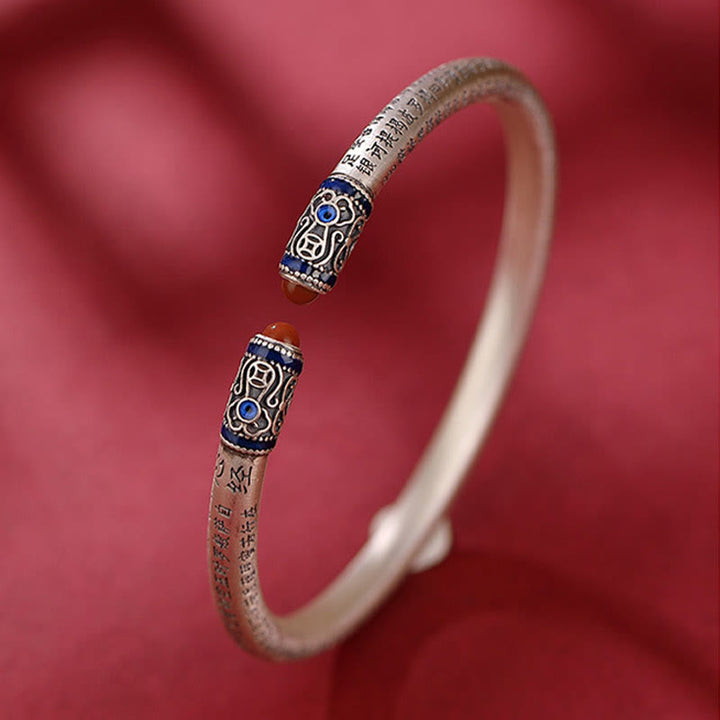 Buddha Stones 999 Sterling Silver Heart Sutra Engraved Red Agate Protection Bracelet Bangle - image 4