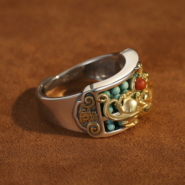 Buddha Stones 925 Sterling Silver Turquoise Red Agate PiXiu Abacus Protection Ring - image 10
