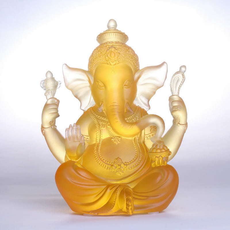 Buddha Stones Handmade Ganesh Ganpati Elephant Figurine Liuli Crystal Art Piece Protection Statue Home Decoration - Ganesh Amber Color 11.5*9*14.5cm - image 0