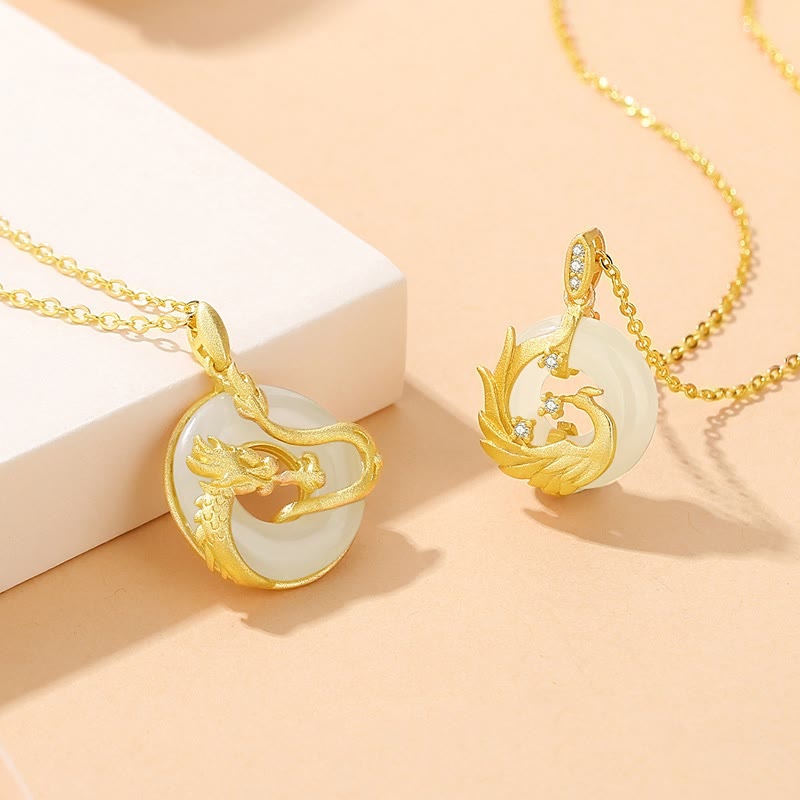 ❗❗❗A Flash Sale- Buddha Stones 925 Sterling Silver Year of the Dragon Hetian Jade Golden Dragon Phoenix Peace Buckle Luck Necklace Pendant - image 1