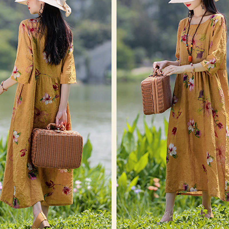 Buddha Stones Flowers Print Midi Dress Cotton Linen Tunic Dress With Pockets