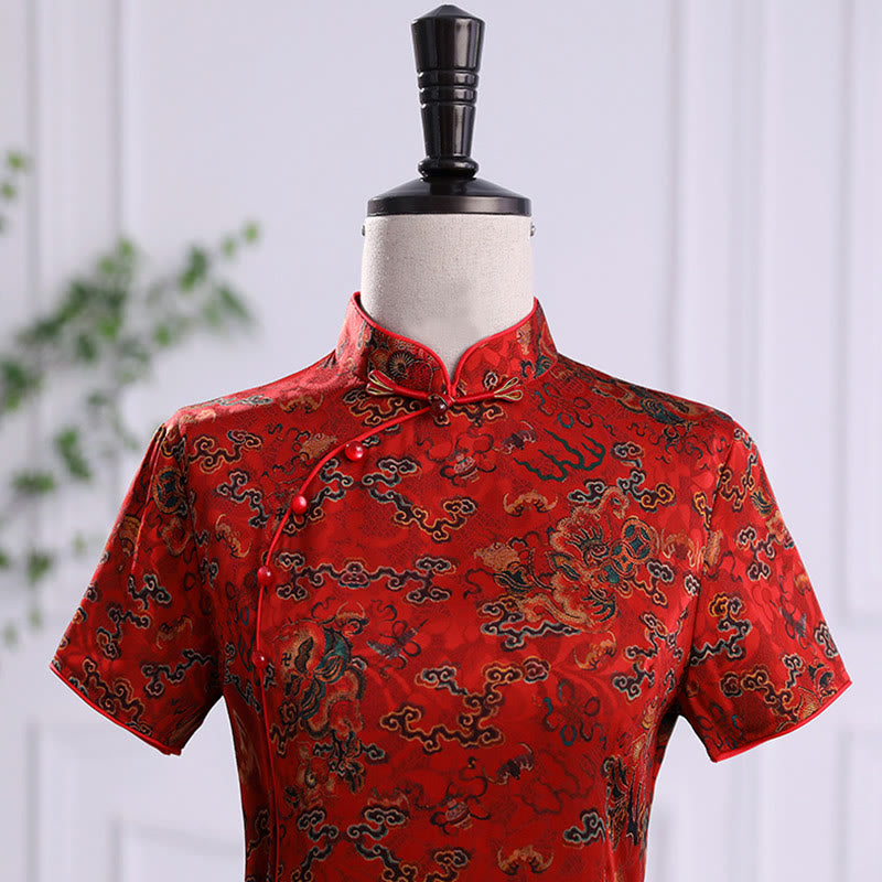 Buddha Stones Vintage Auspicious Clouds Leaf Print Cheongsam Dress Women's Qipao Dress - image 4