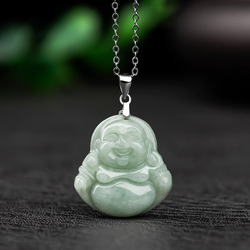 Buddha Stones Laughing Buddha Jade Blessing Titanium Steel Chain Necklace Pendant - Jade - image 0