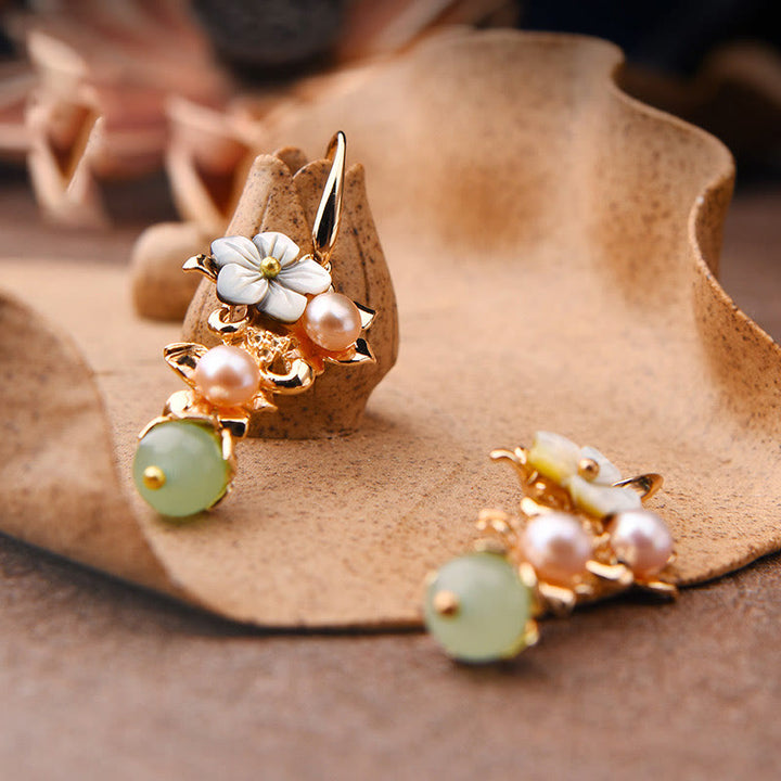 Buddha Stones 14K Gold Plated Tridacna Stone Flower Pearl Green Aventurine Bead Drop Earrings - image 2