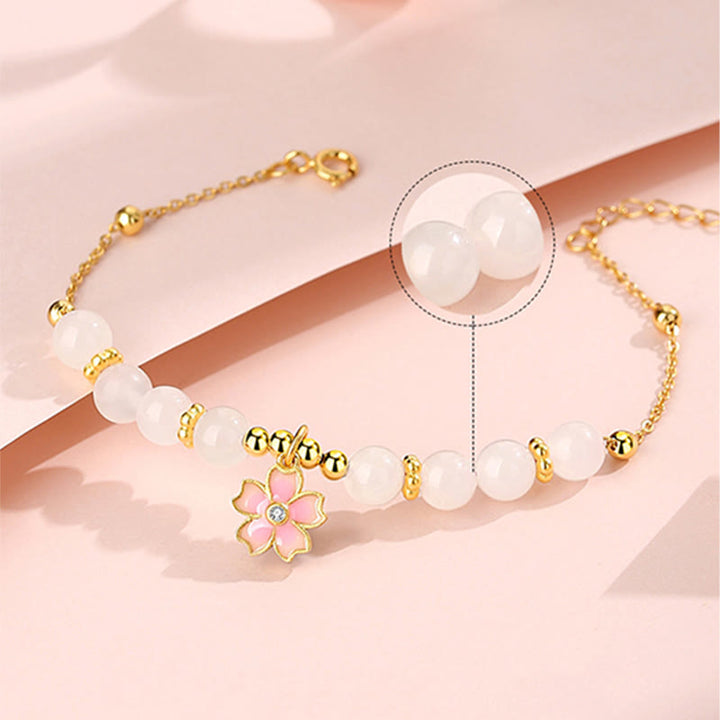 Buddha Stones 925 Sterling Silver Hetian White Jade Cherry Blossom Protection Bracelet - image 4