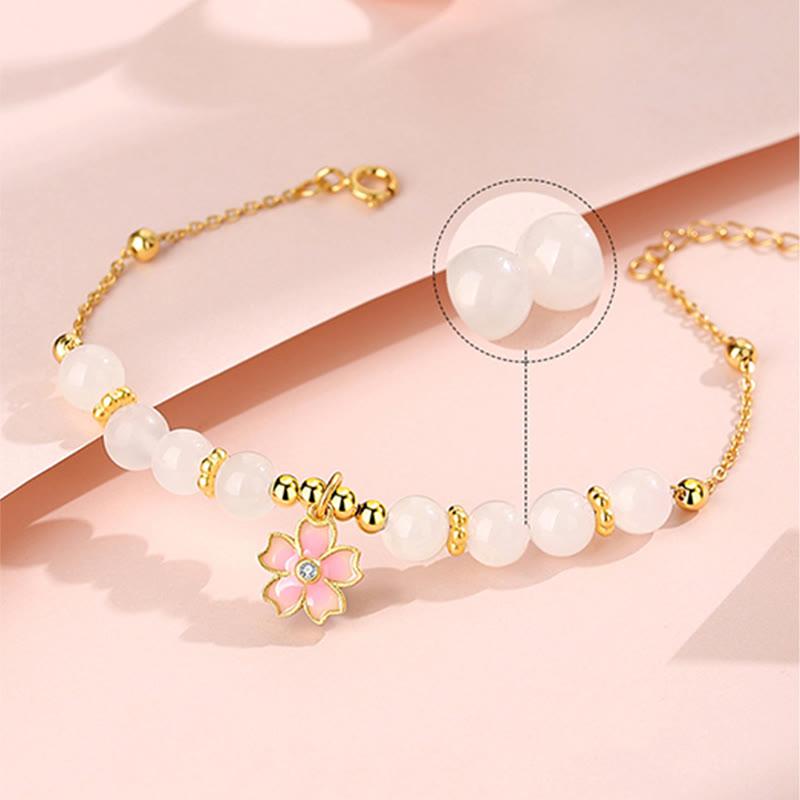 Buddha Stones 925 Sterling Silver Hetian White Jade Cherry Blossom Protection Bracelet - image 4
