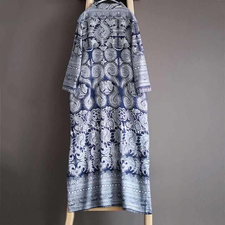 Buddha Stones Blue And White Porcelain Pattern Frog-button Midi Dress Three Quarter Sleeve Linen Batik Dress With Pockets