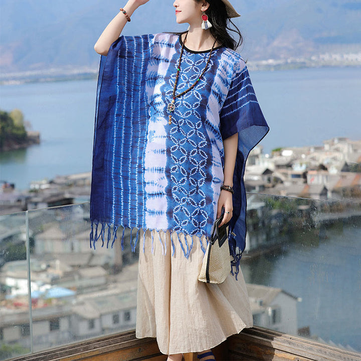 Buddha Stones Blue White Striped Indigo Dyeing Shawl Tassels Cozy Pullover 90*95cm